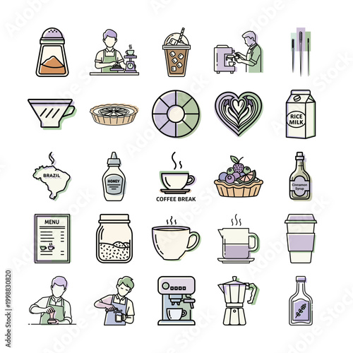 Coffee shop barista line art icons with watercolor effect or Modern cafe design elements with outline illustrations.