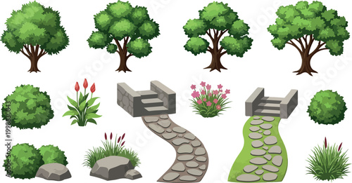 Garden landscape design elements, isometric green trees and stone path vector set, outdoor park foliage and shrubbery collection for game environment