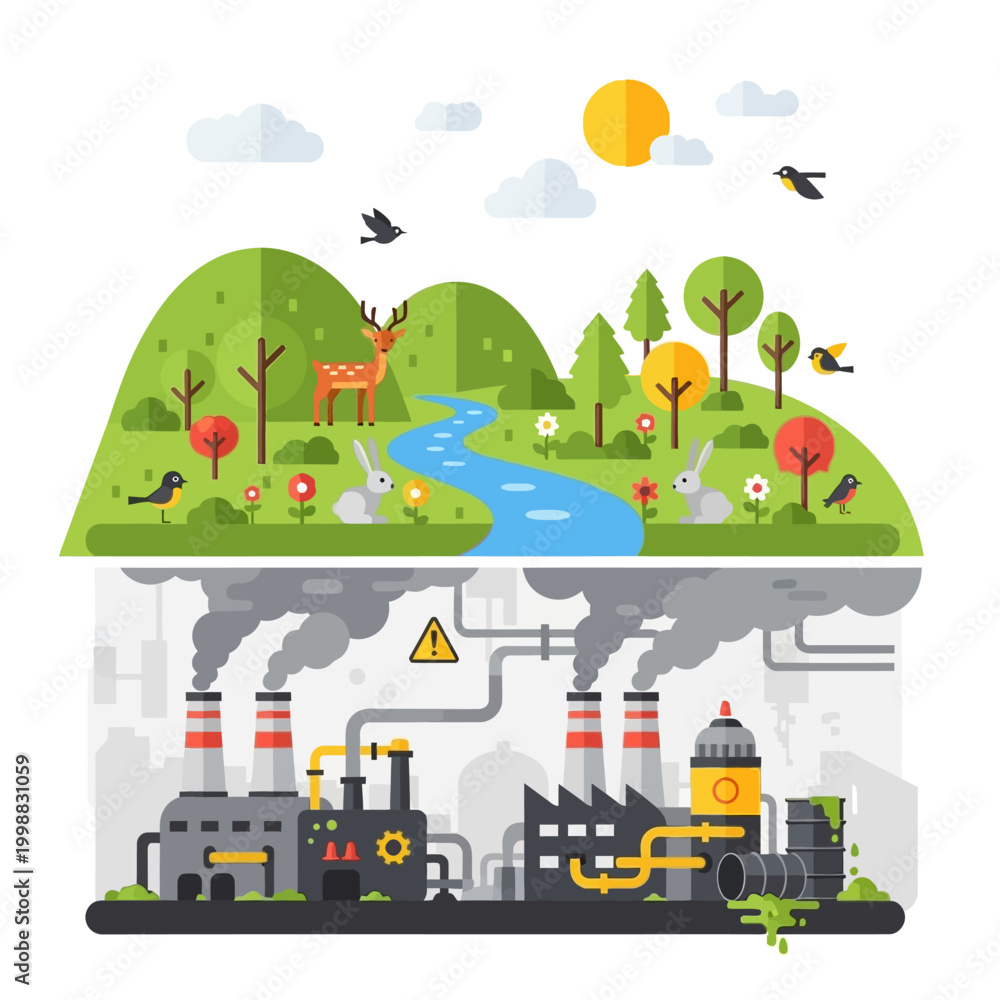 Fototapeta premium Nature vs. Industry: Clean Environment vs. Pollution Contrast Illustration