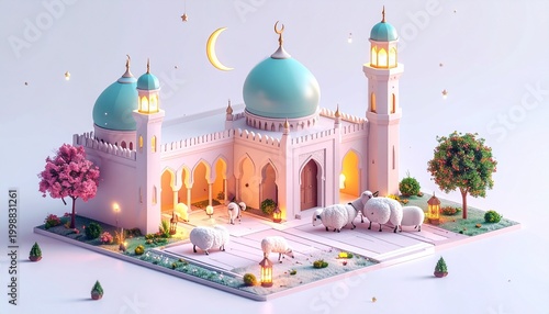 Eid al Adha mosque 3D scene with sheep lanterns crescent moon glow