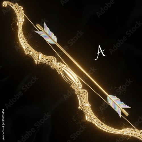 Ornate Golden Bow and Arrow on Black Background.
