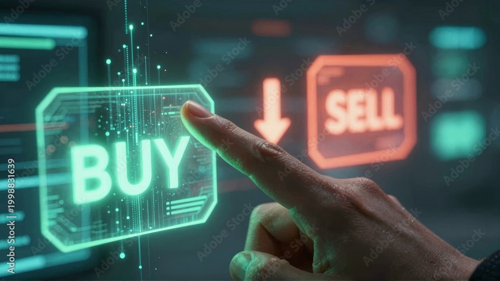Fototapeta premium Hand Touching Digital Buy Button in Futuristic Trading Interface