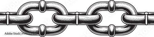 Close up of a metal chain with interlocking links, black and white