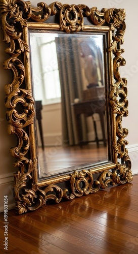 Ornate Gold Mirror Reflecting Interior Room Decor.