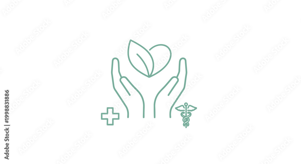 Obraz premium Caring Hands Holding Heart and Leaves, Medical and Health Symbols
