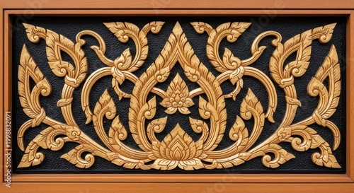Ornate Golden Carving on Dark Background, Decorative Art.