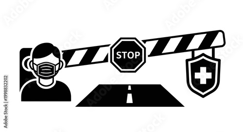 Covid-19 Border Control: Person in Mask at Stop Barrier with Health Shield