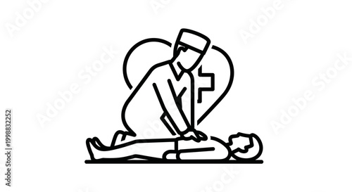 CPR icon: doctor performing cardiopulmonary resuscitation on patient, heart symbol