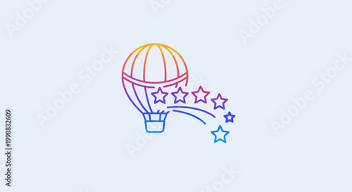Hot air balloon with colorful stars trail, adventure and success concept