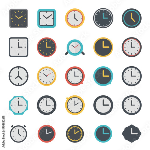 Collection of diverse clock icons and watch faces on white background