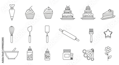 Collection of baking tools and delicious desserts in a line art style for culinary projects.