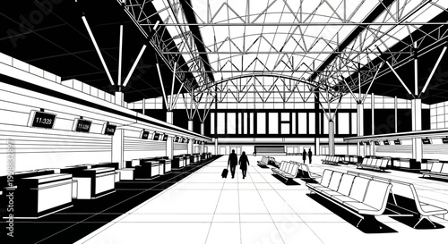 Black and white graphic rendering of a modern airport terminal interior with check-in counters and waiting areas.