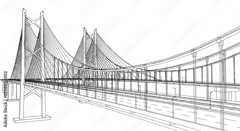 Fototapeta premium Detailed wireframe rendering of a modern cable-stayed bridge, highlighting its intricate structural design and engineering elements.