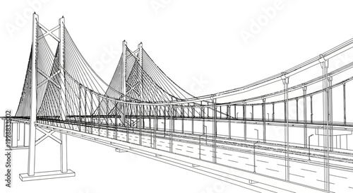 Detailed wireframe rendering of a modern cable-stayed bridge, highlighting its intricate structural design and engineering elements.