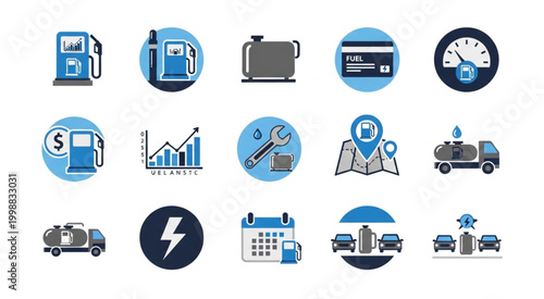 Collection of various fuel and gas station related icons in blue color.
