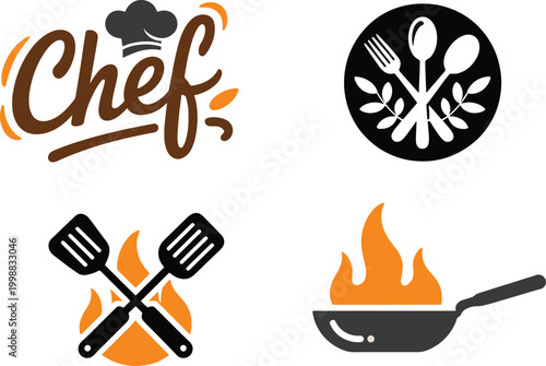 Collection of culinary icons featuring chef, utensils, and cooking elements