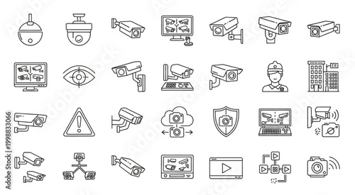 Collection of security cameras and surveillance equipment icons for protection.