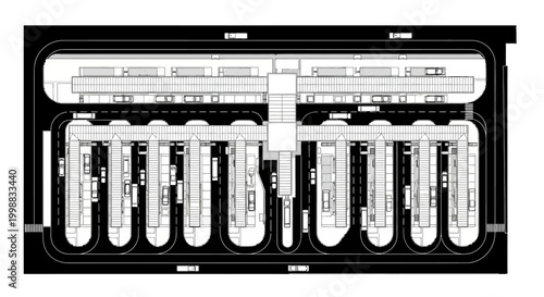 Overhead architectural plan view of a large, modern transportation hub or airport terminal building with multiple piers and a central concourse.