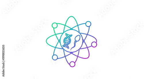 Abstract atom model with DNA and sperm cell, science and genetics concept, gradient colors