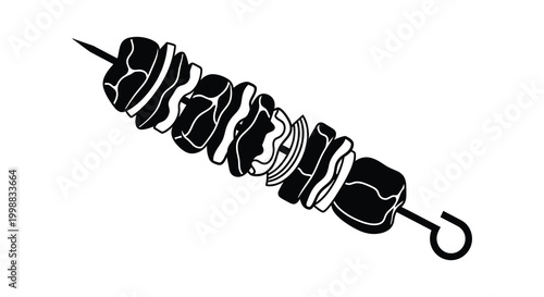 Photos Black silhouette of a shish kebab skewer with meat pieces on a white background
