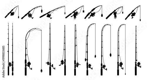 Collection of fishing rods in various positions, showcasing different angles and setups for angling.
