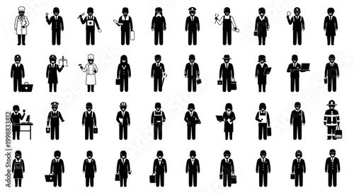 Diverse collection of black and white silhouette icons representing various occupations and professions.