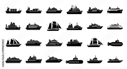 Diverse collection of ship silhouettes showcasing various vessel types.