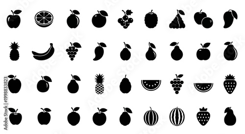 Diverse collection of fruit silhouettes showcasing various healthy and fresh produce items.