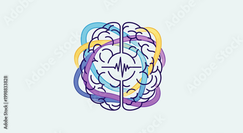 Abstract Brain with Colorful Neural Network and Heartbeat Line