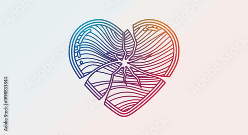 Abstract Broken Heart Symbol with Colorful Gradient Lines and Radial Pattern