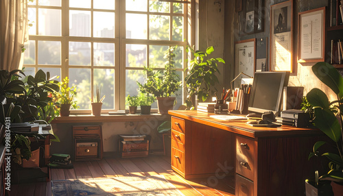 Sunlit, cozy home office with a large window, wooden desk, and potted plants