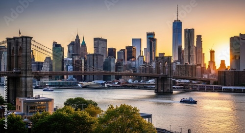 New York City Skyline at Sunset with Brooklyn Bridge.