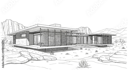 Detailed line drawing of a modern desert house with flat roof and large windows in a rocky landscape.
