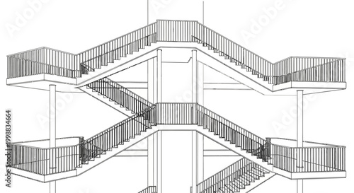 Architectural line drawing of a multi-level outdoor staircase with railings and support columns.