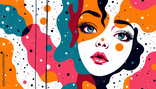 Vibrant Abstract Portrait with Colorful Flourishes and Expressive Features Against a Dynamic Background of Shapes and Patterns