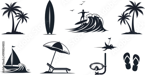 Collection of dark blue beach and water sport on white background, ocean surfing surfboard