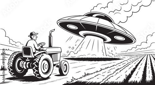 Tractor farmer encounters flying saucer over field black and white art vector