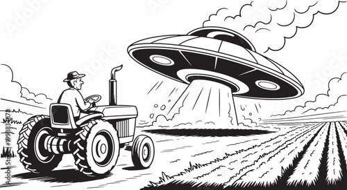 Tractor farmer encounters flying saucer over field black and white art vector