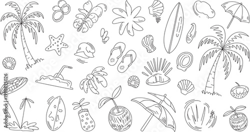 Tropical beach doodle illustrations on white background
