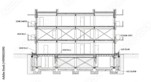 Detailed architectural cross-section illustrating building structure, foundation, and seismic isolation system.
