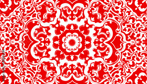 Intricate Red and White Mandala Pattern with Symmetrical Floral and Abstract Designs in a Mesmerizing Kaleidoscope Effect