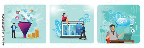 E-marketing concept. Marketing Funnel, Tag Management, 24/7 Customer Support.