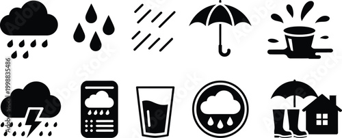 Rainy weather icons clouds raindrops umbrella boots house precipitation vector illustration set