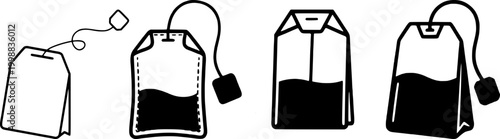 Four black and white tea bag illustrations in various stages of being filled with liquid on a white background, perfect for beverage or packaging design concepts.