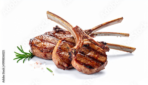 Grilled lamb chops with rosemary and pink salt crystals on a white backdrop