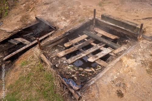 Tableau sur toile Wooden geothermal cooking boxes are used to cook food using natural steam vents in Furnas, Azores, Portugal