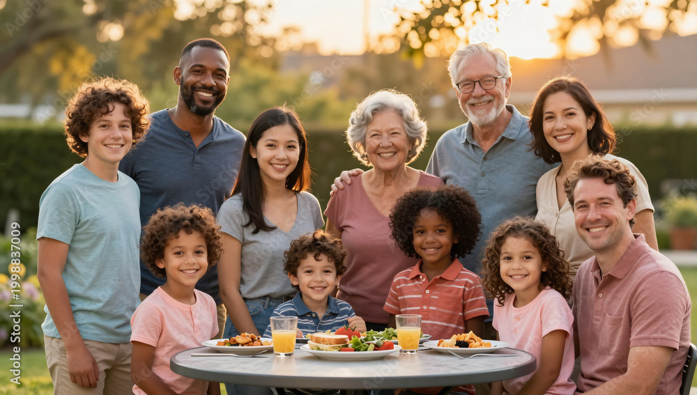Fototapeta premium Proud Diverse Three Generation Family Group Portrait at BBQ