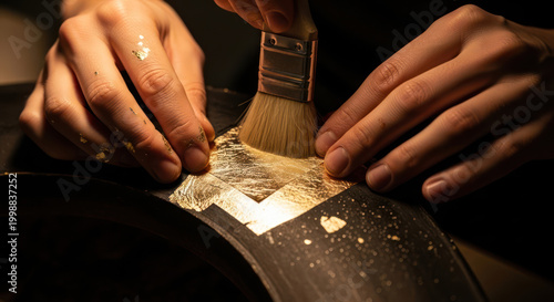 Gilding Artisan Applying Gold Leaf to a Dark Wooden Surface with a Soft Brush