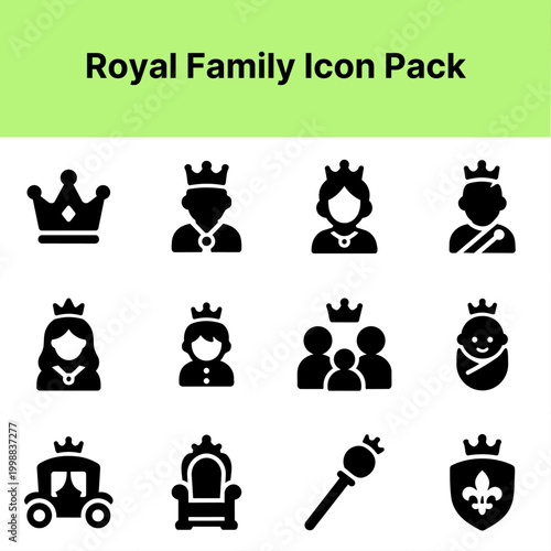 Royal Family Icon Set Containing king queen crown prince princess throne carriage scepter and monarchy icons Solid icon collection