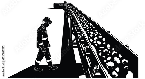 Silhouette of a miner walking alongside a conveyor belt with coal industrial scene silhouette high quality professional detailed modern